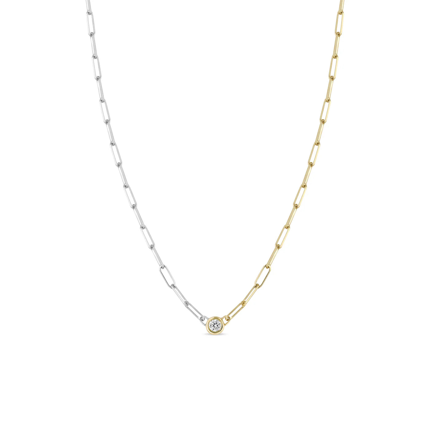14K FLOATING DIAMOND TWO TONE GOLD SMALL PAPERCLIP CHAIN NECKLACE