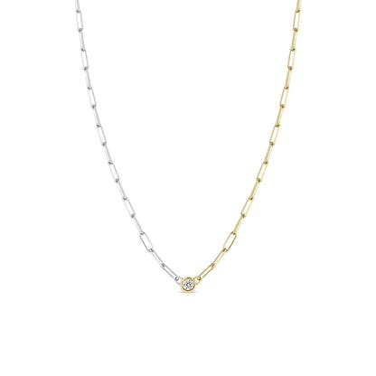 14K FLOATING DIAMOND TWO TONE GOLD SMALL PAPERCLIP CHAIN NECKLACE