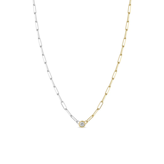 14K FLOATING DIAMOND TWO TONE GOLD SMALL PAPERCLIP CHAIN NECKLACE