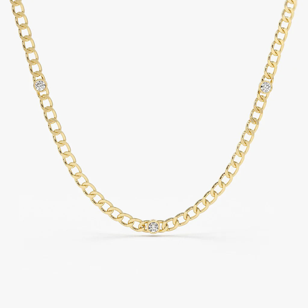 14K Gold Cuban Link Necklace w/ Bezel Setting Diamond