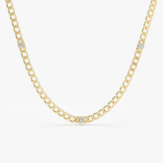 14K Gold Cuban Link Necklace w/ Bezel Setting Diamond