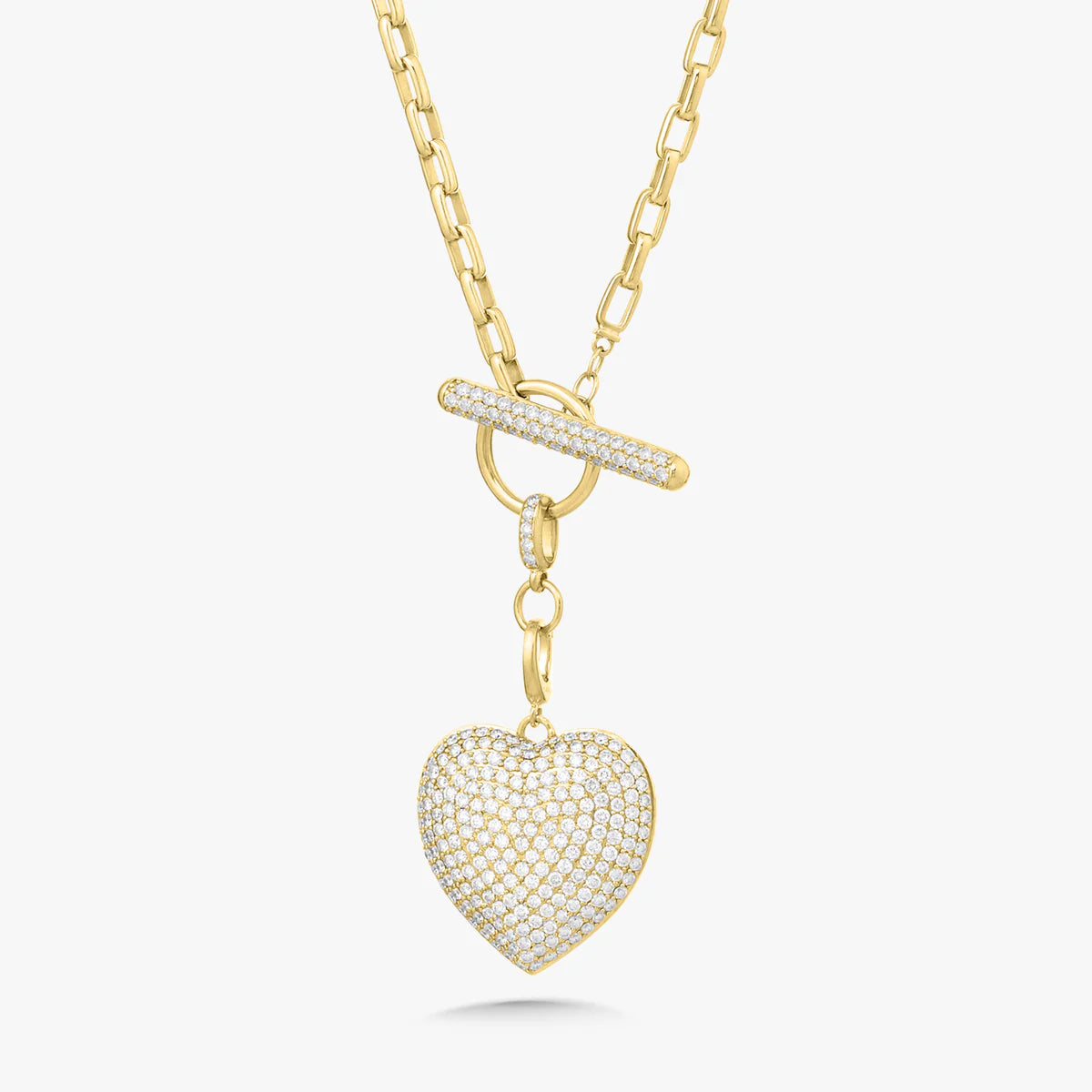 Diamond Toggle Necklace with Pave Heart Charm and French Cable Chain