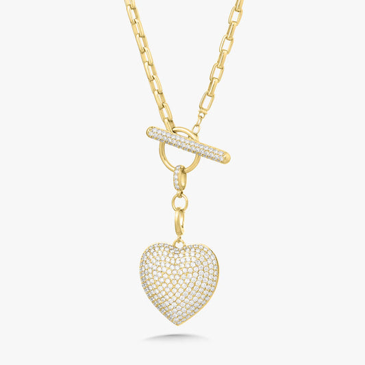 Diamond Toggle Necklace with Pave Heart Charm and French Cable Chain