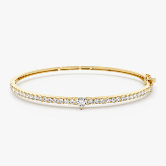 14k Gold Heart Shaped and Round Diamond Bangle