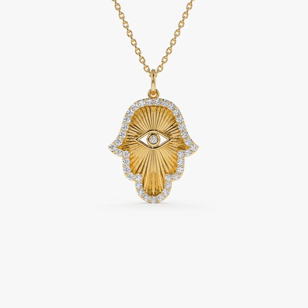 14k Diamond Hamsa & Evil Eye Hand of Fatima Necklace