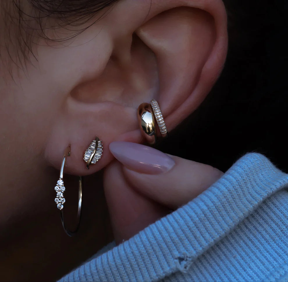 14KT GOLD BABY BAGUETTE DIAMOND LEAF STUDS