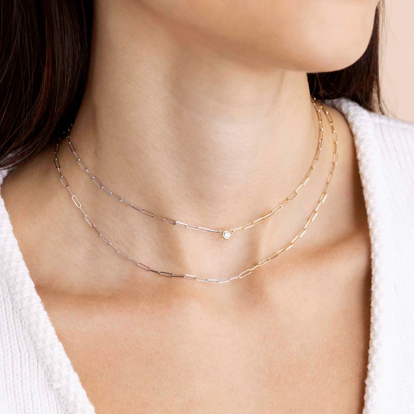 14K FLOATING DIAMOND TWO TONE GOLD SMALL PAPERCLIP CHAIN NECKLACE