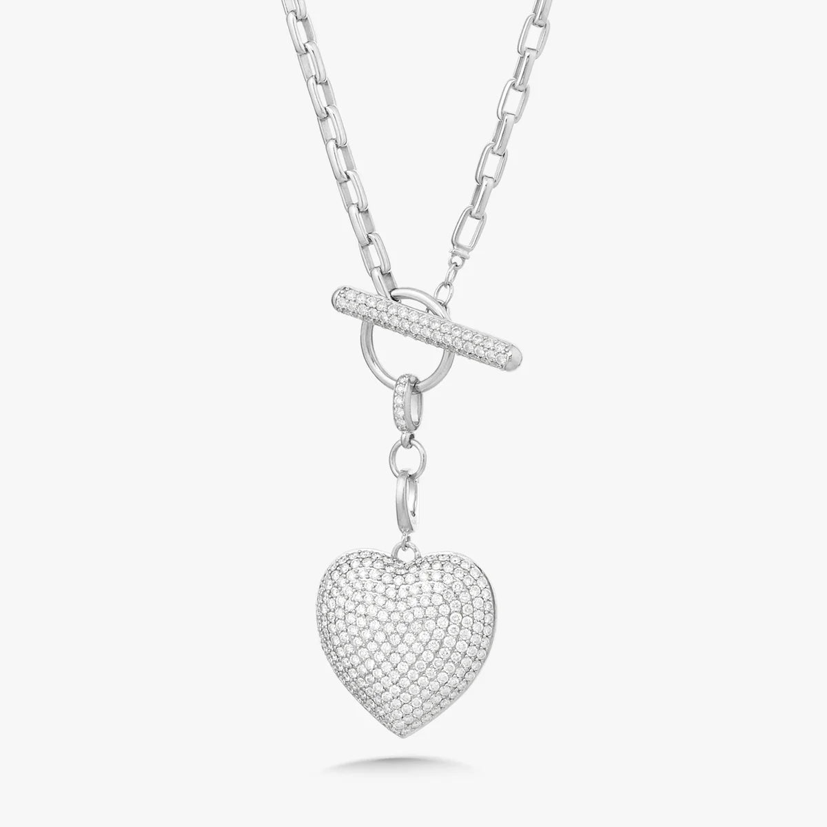Diamond Toggle Necklace with Pave Heart Charm and French Cable Chain