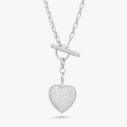 Diamond Toggle Necklace with Pave Heart Charm and French Cable Chain