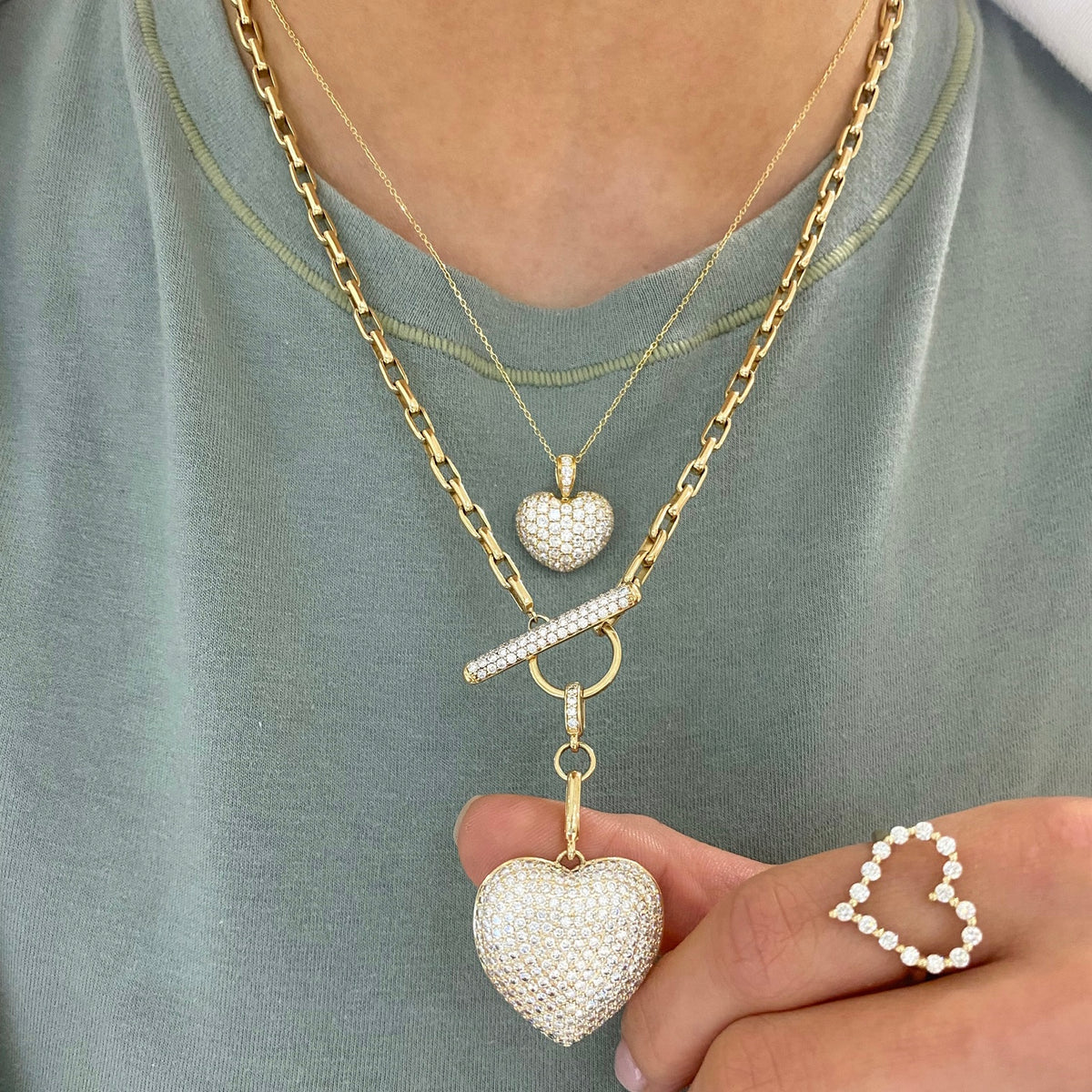 Diamond Toggle Necklace with Pave Heart Charm and French Cable Chain