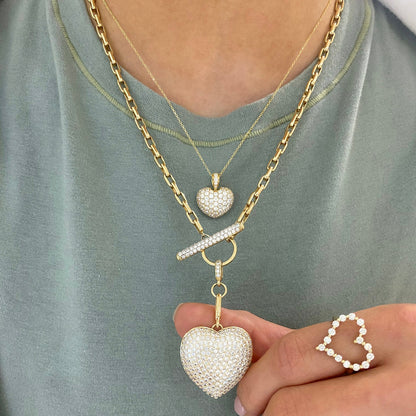 Diamond Toggle Necklace with Pave Heart Charm and French Cable Chain