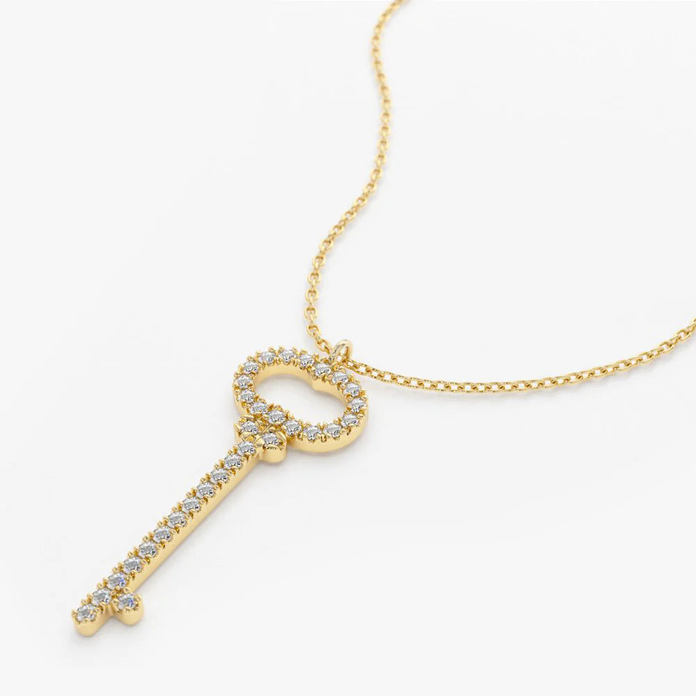 14K Gold Diamond Key Charm Necklace