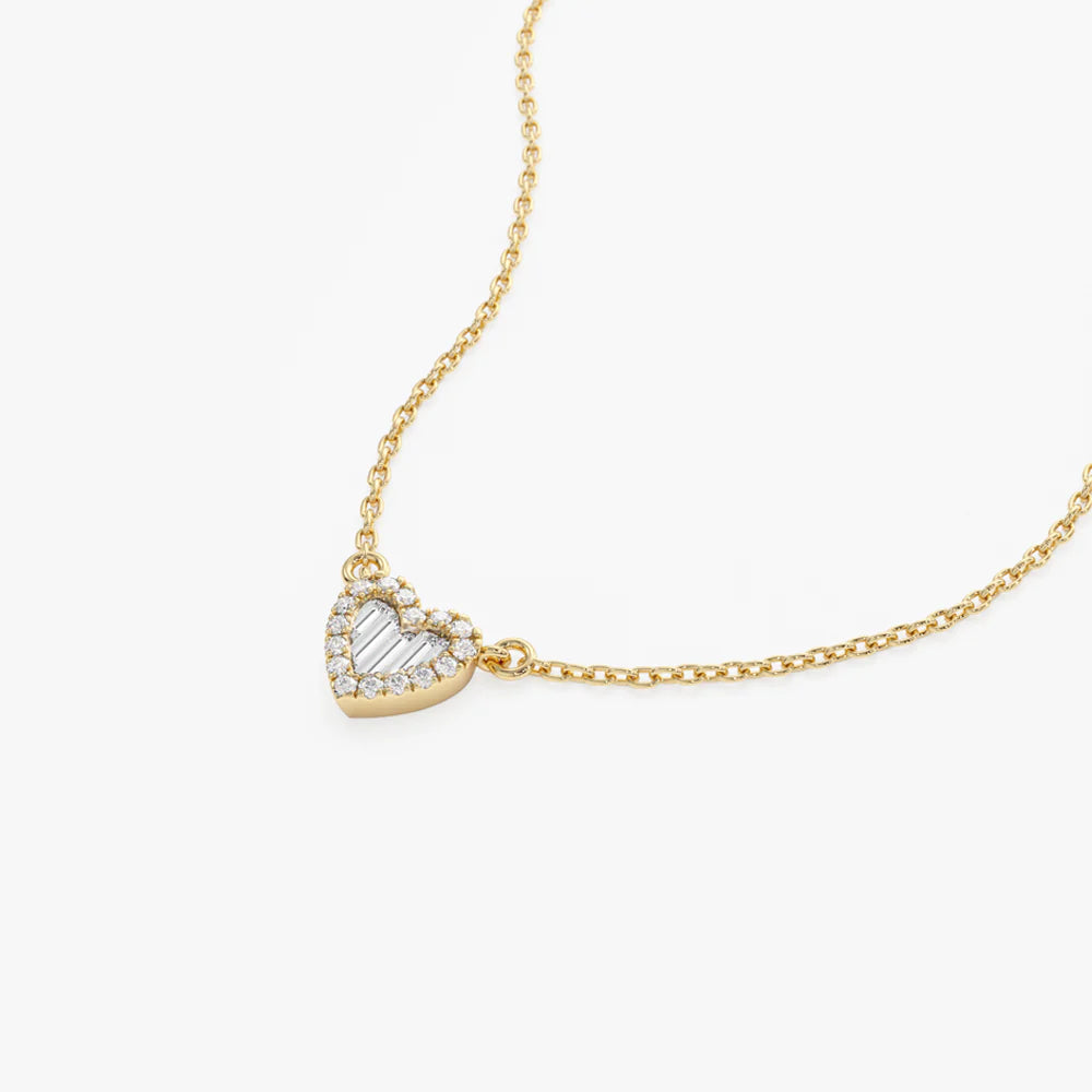 Round and Baguette Diamond Mini Heart Necklace in 14K