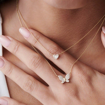 Round and Baguette Diamond Mini Heart Necklace in 14K