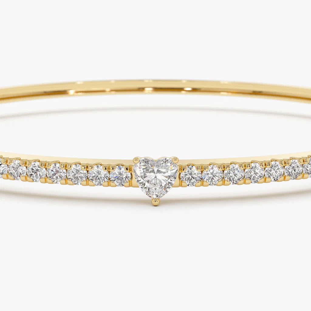 14k Gold Heart Shaped and Round Diamond Bangle