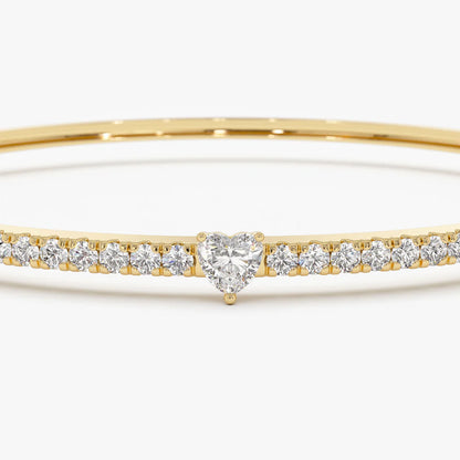 14k Gold Heart Shaped and Round Diamond Bangle